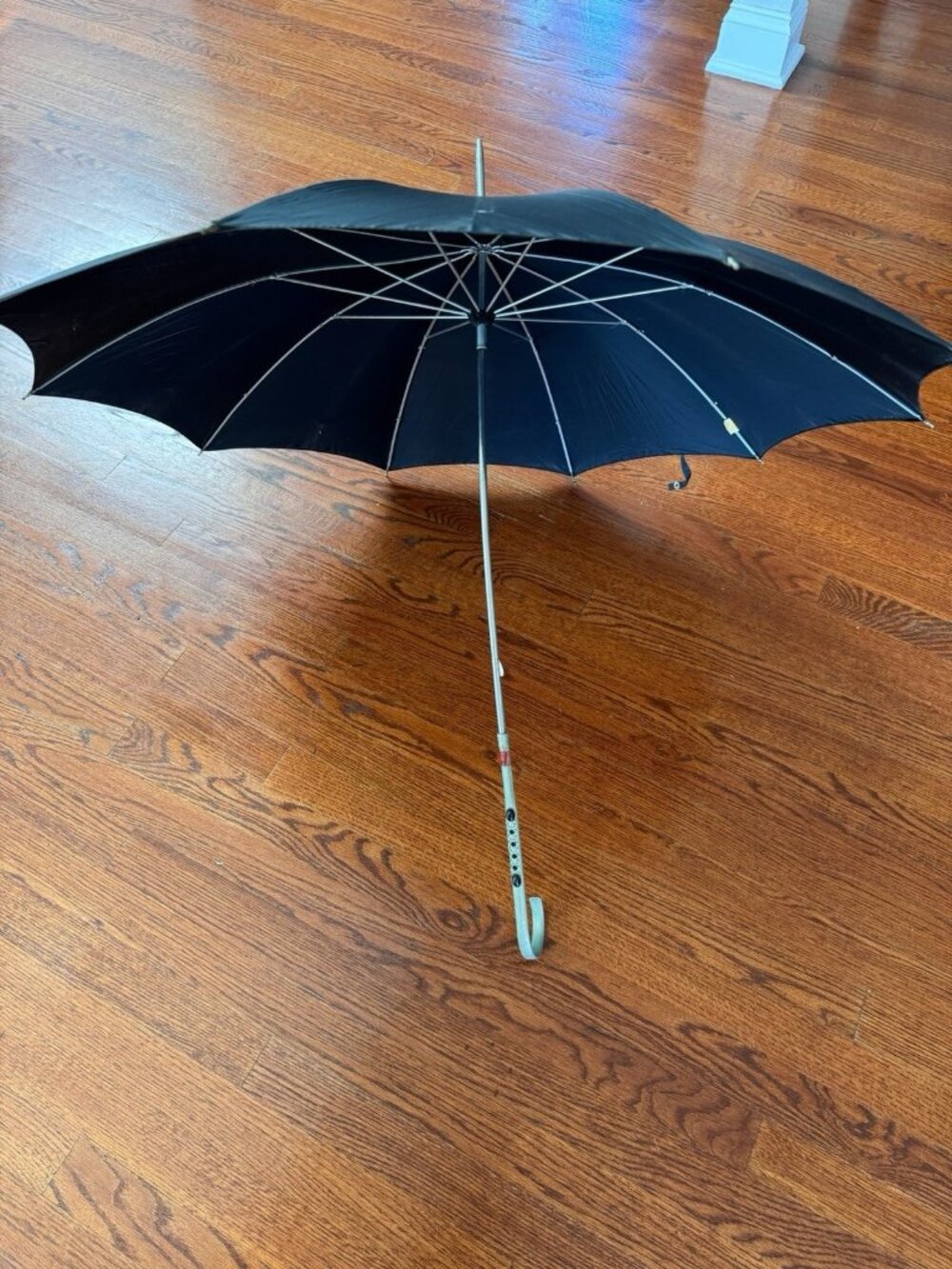 Vintage Black Nylon Umbrella Parasol Decorated Curve Handle Made in Japan